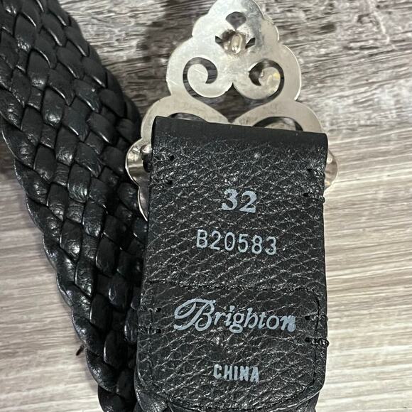 Brighton Braided Black Leather Belt Silver Scroll Buckle Size 32 - Picture 2 of 9